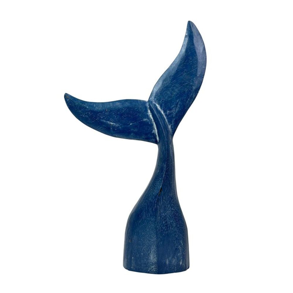 Blue Wooden Whale Tail Sculpture 25 Inch Nautical Coastal Freestanding Decor